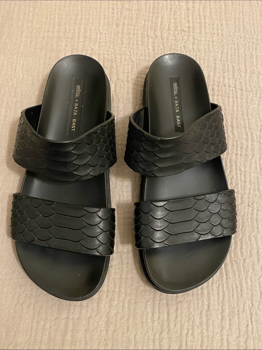MELISSA + BAJA EAST Black Double-Strap Textured Slide Sandals. Size 8